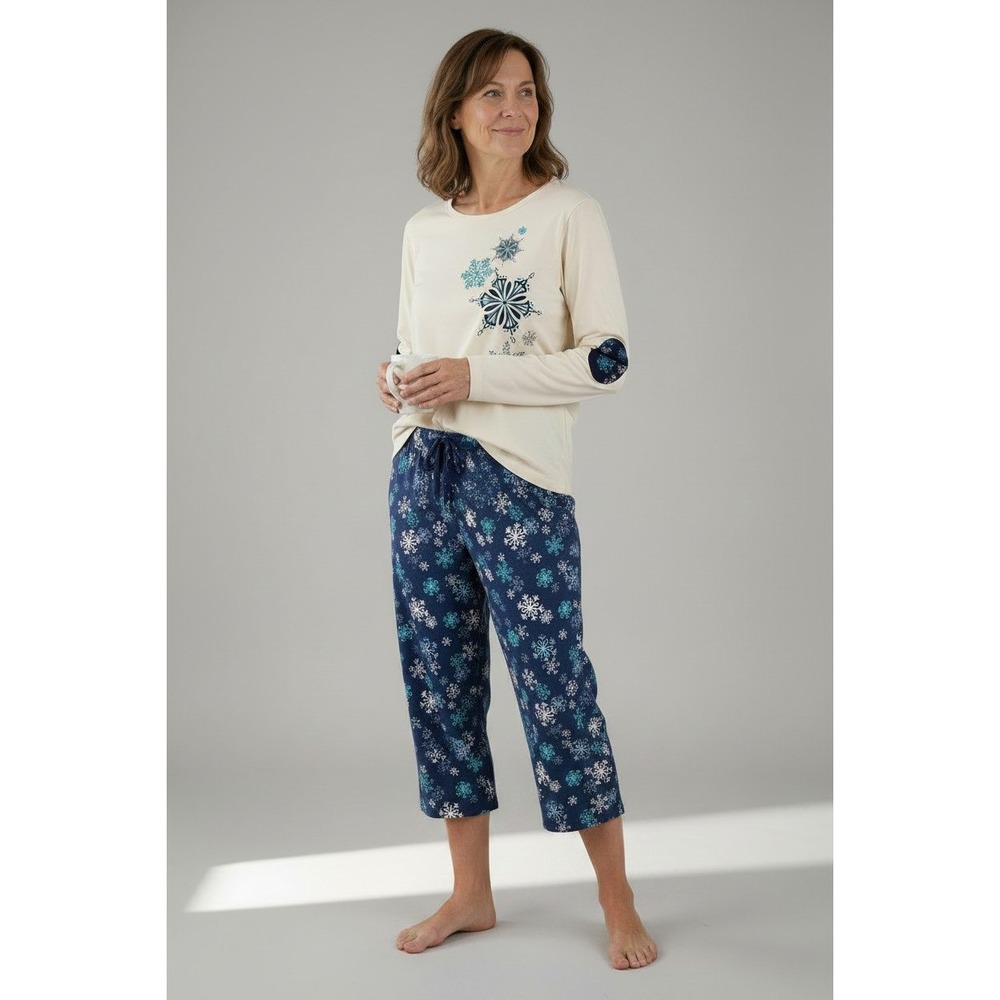 Sleep Sense Women's Small 100% Cotton Snowflake 2-Piece Pajama Set Blue Holiday